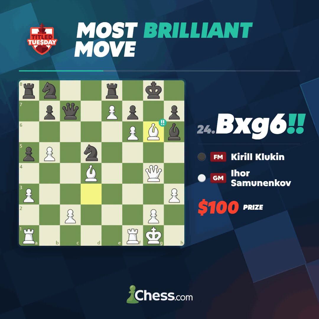 Ukrainian grandmaster Ihor Samunenkov receives award for the most brilliant move at Titled Tuesday