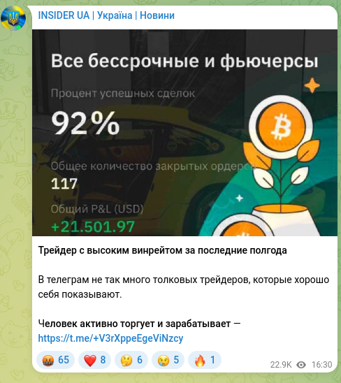 Скріншот Telegram-публікації: Трейдер с высоким винрейтом за последние полгода В телеграм не так много толков…