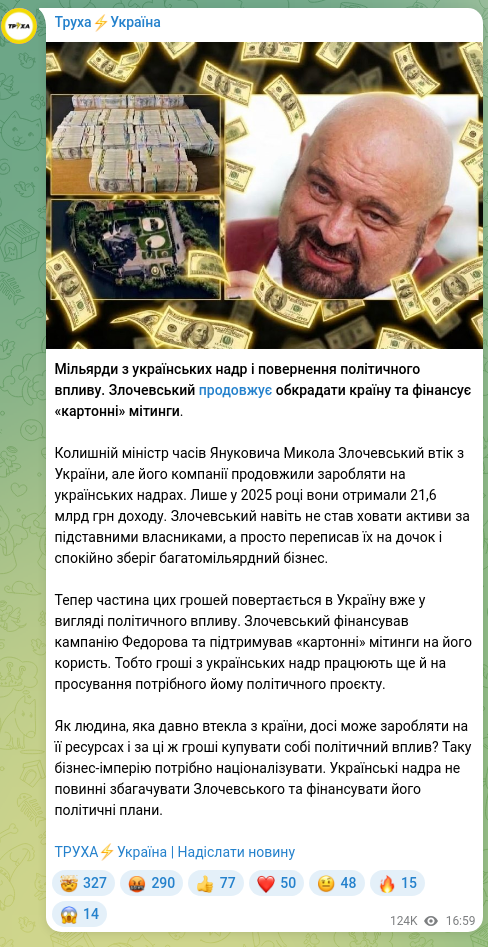 Скріншот Telegram-публікації: Злочевський Микола Владиславович — Мільярди з українських надр і повернення політичного впливу…