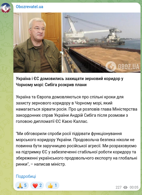 Screenshot of a Telegram post: Sybyha Andriy Ivanovych — Ukraine and the EU agreed to protect the grain corridor in the Blac…