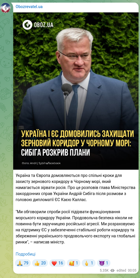 Screenshot of a Telegram post: Sybyha Andriy Ivanovych — Україна та Європа домовляються про спільні кроки для захисту зернов…