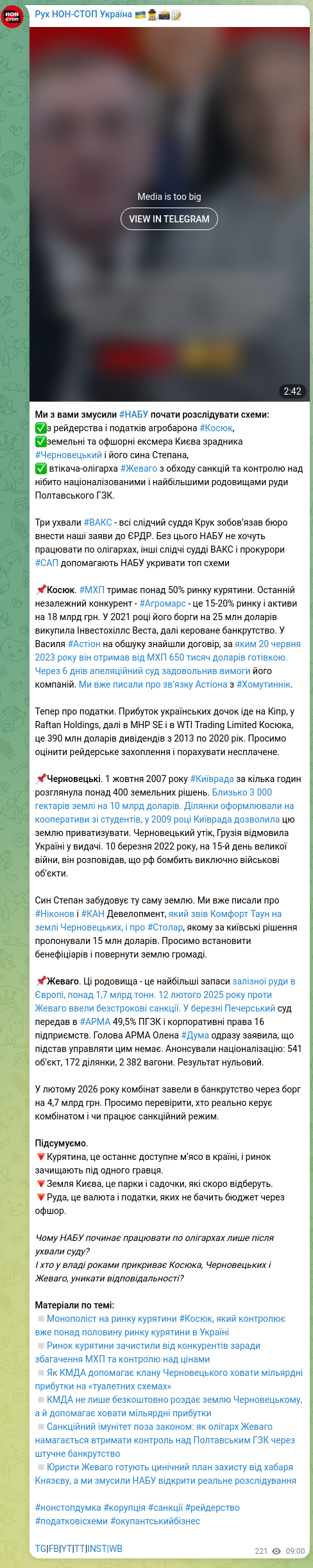 Screenshot of a Telegram post: Duma Olena Oleksiivna — Ми з вами змусили #НАБУ почати розслідувати схеми: ✅з рейдерства і п…