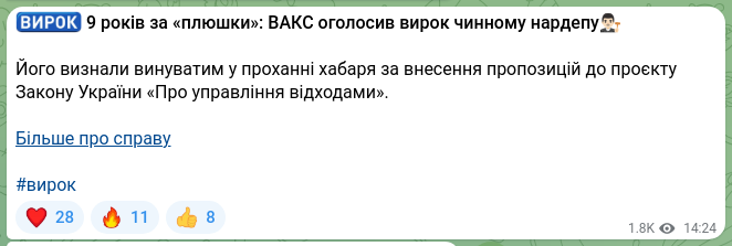 Screenshot of a Telegram post: 👩‍⚖️👩‍⚖️👩‍⚖️ 9 years for “perks”: VAKS announced a verdict for a sitting MP…