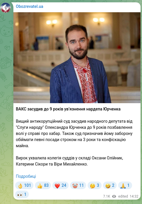 Скріншот Telegram-публікації: ВАКС засудив до 9 років ув’язнення нардепа Юрченка Вищий антикорупційний суд за…