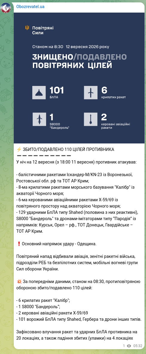 Скріншот Telegram-публікації: ⚡️ ЗБИТО/ПОДАВЛЕНО 110 ЦІЛЕЙ ПРОТИВНИКА ➖➖➖➖➖➖➖➖➖➖ У ніч на 12 верес…