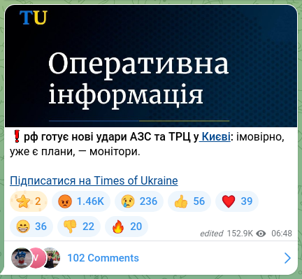 Скріншот Telegram-публікації: ❗️рф готує нові удари АЗС та ТРЦ у Києві: імовірно, уже є плани, — монітори. П…