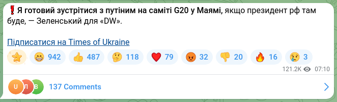 Скріншот Telegram-публікації: ❗️Я готовий зустрітися з путіним на саміті G20 у Маямі, якщо президент рф там…