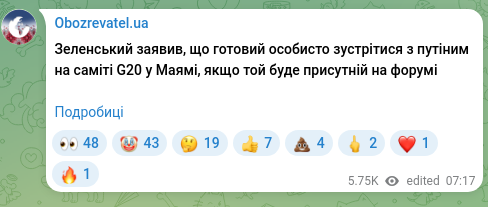 Скріншот Telegram-публікації: Зеленський заявив, що готовий особисто зустрітися з путіним на саміті G20 у Мая…