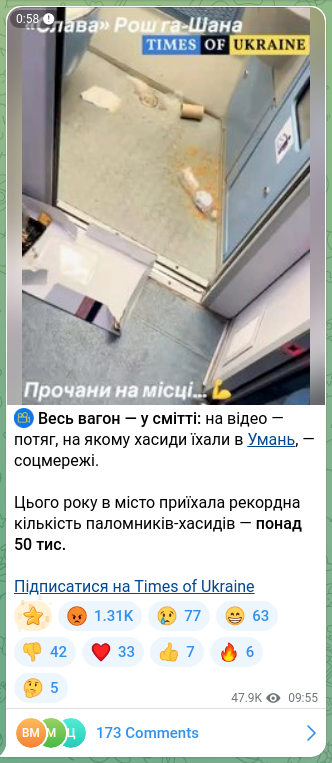 Скріншот Telegram-публікації: ⚡ Весь вагон — у смітті: на відео — потяг, на якому хасиди їхали в Умань, — со…