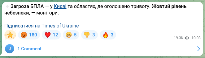 Скріншот Telegram-публікації: ⏺Загроза БПЛА — у Києві та областях, де оголошено тривогу. Жовтий рівень небезп…