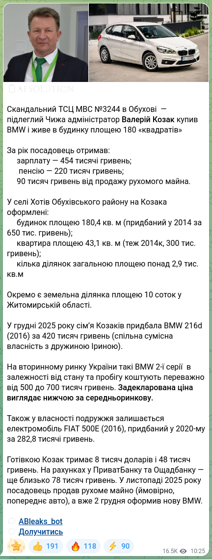 Скріншот Telegram-публікації: Козак Валерій Володимирович — 📖🧡🧡🧡🧡🧡🧡 Скандальний ТСЦ МВС №3244 в Обухові — підлеглий Ч…