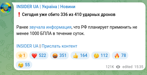Скріншот Telegram-публікації: ❗️Сегодня уже сбито 336 из 410 ударных дронов Ранее звучала информация, что РФ…