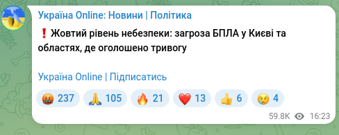 Скріншот Telegram-публікації: ❗️Жовтий рівень небезпеки: загроза БПЛА у Києві та областях, де оголошено трив…