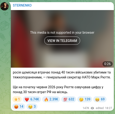 Скріншот Telegram-публікації: росія щомісяця втрачає понад 40 тисяч військових убитими та тяжкопораненими, —…