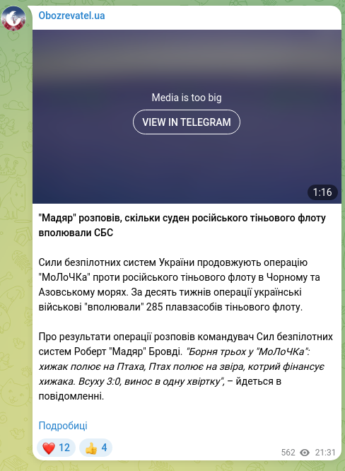 Скріншот Telegram-публікації: "Мадяр" розповів, скільки суден російського тіньового флоту вполювали СБС Сили…