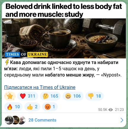Скріншот Telegram-публікації: ⚡️Кава допомагає одночасно худнути та набирати м’язи: люди, які пили 1–5 чашок…