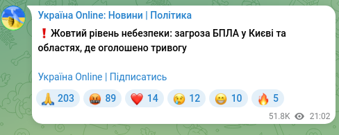 Скріншот Telegram-публікації: ❗️Жовтий рівень небезпеки: загроза БПЛА у Києві та областях, де оголошено трив…