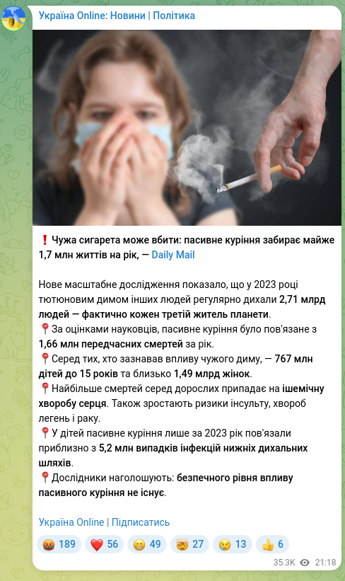Скріншот Telegram-публікації: ❗️Чужа сигарета може вбити: пасивне куріння забирає майже 1,7 млн життів на рі…