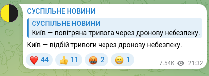 Скріншот Telegram-публікації: Київ — відбій тривоги через дронову небезпеку.