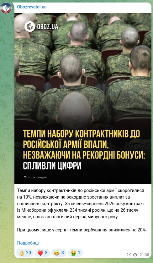 Скріншот Telegram-публікації: Темпи набору контрактників до російської армії скоротилися на 10%, незважаючи н…