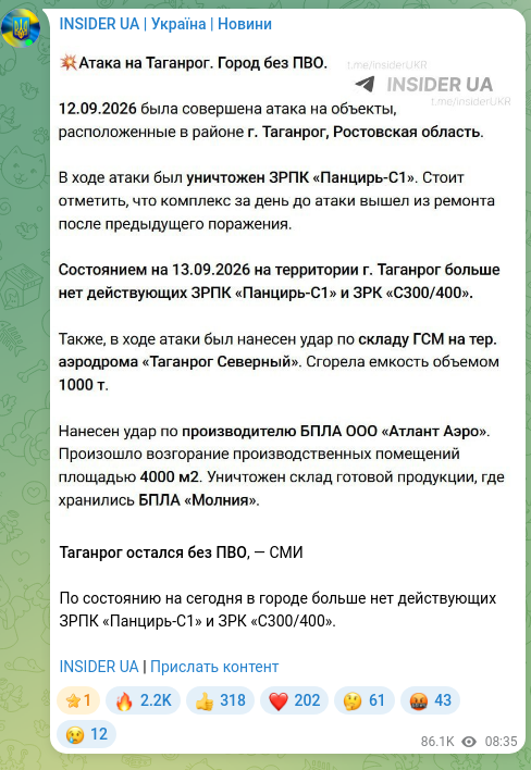 Скріншот Telegram-публікації: Таганрог остался без ПВО, — СМИ По состоянию на сегодня в городе больше нет дей…