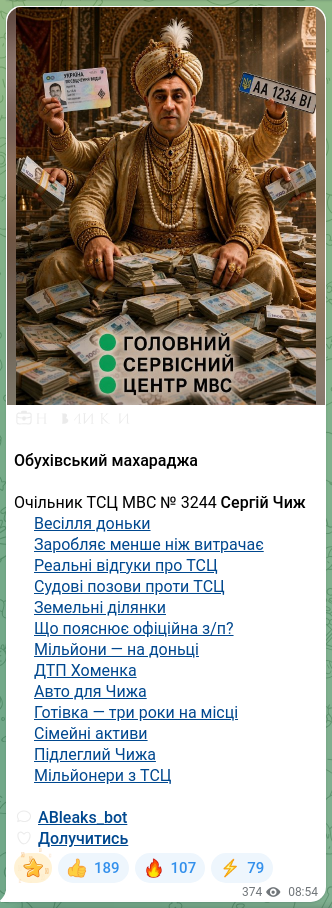Screenshot of a Telegram post: Chyzh Serhii Ivanovych — 💼☝️☝️☝️☝️☝️☝️ Obukhiv Maharaja Head of Service Center of the Minist…