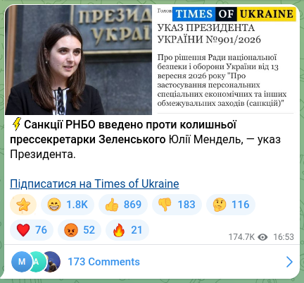 Screenshot of a Telegram post: Mendel Yulia Volodymyrivna — ⚡️NSDC sanctions have been imposed against Zelenskyy’s former p…