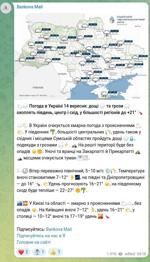 Скріншот Telegram-публікації: 🌥🌧 Погода в Україні 14 вересня: дощі 🌧 та грози ⛈ охоплять південь, центр і схі…