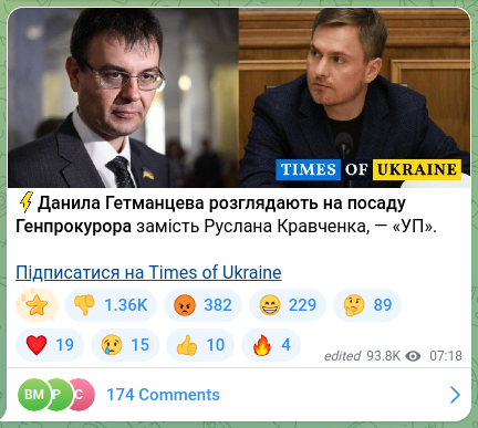 Screenshot of a Telegram post: Hetmantsev Danylo Oleksandrovych — ⚡️Danylo Hetmantsev is being considered for the position…