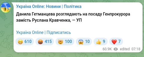 Скріншот Telegram-публікації: Гетманцев Данило Олександрович — Данила Гетманцева розглядають на посаду Генпрокурора замість…