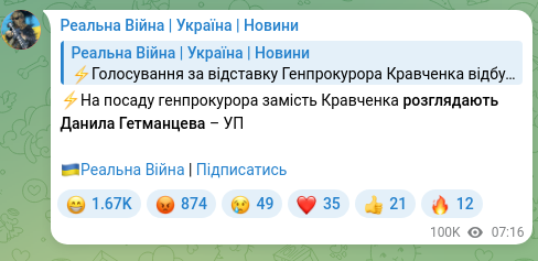 Скріншот Telegram-публікації: Гетманцев Данило Олександрович — ⚡️На посаду генпрокурора замість Кравченка розглядають Данил…