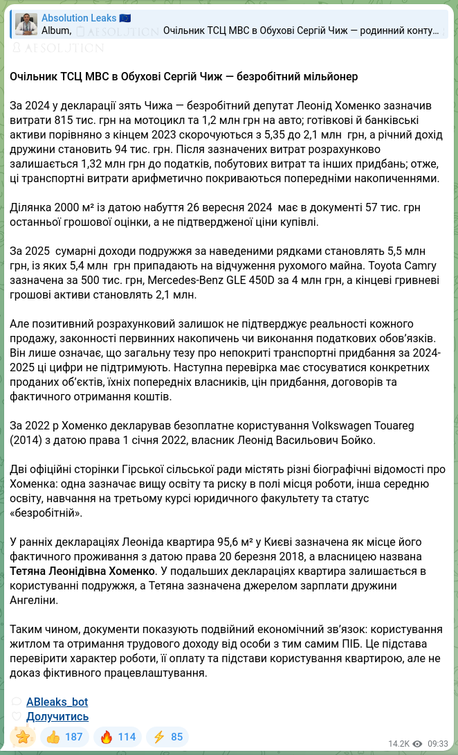 Screenshot of a Telegram post: Chyzh Serhii Ivanovych — 🔒🧡🧡🧡🧡🧡🧡 Head of the MVS Service Center in Obukhiv Serhiy Chyz…