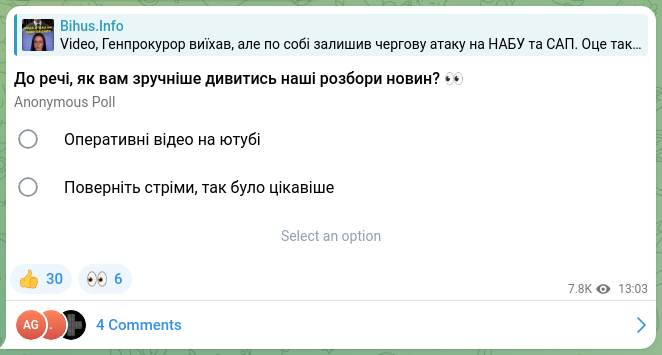 Screenshot of a Telegram post: Bihus.Info