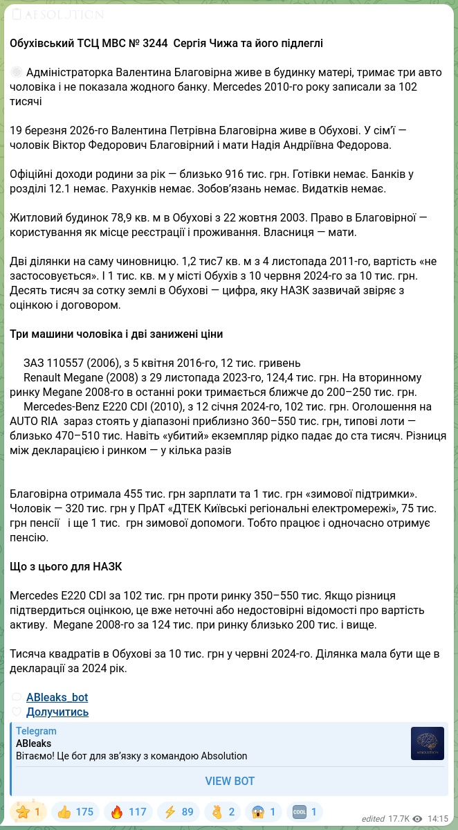 Скріншот Telegram-публікації: 📖🧡🧡🧡🧡🧡🧡 Обухівський ТСЦ МВС № 3244 Сергія Чижа та його підлеглі 🚫 Адмін…