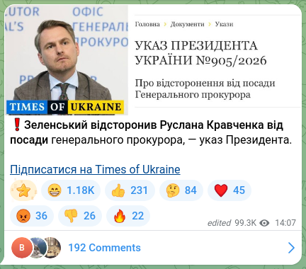 Screenshot of a Telegram post: Kravchenko Ruslan Andriyovych — ❗️Zelensky has suspended Ruslan Kravchenko from the office o…