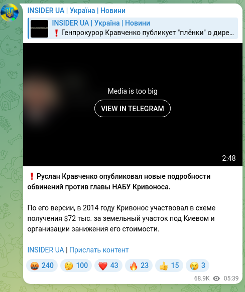 Screenshot of a Telegram post: Kravchenko Ruslan Andriyovych — ❗️Ruslan Kravchenko published new details of the accusations…