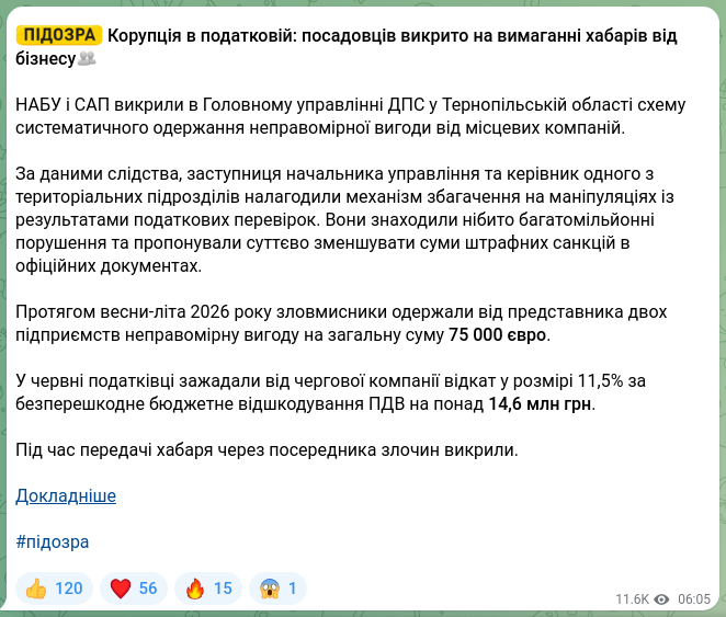 Screenshot of a Telegram post: 👤👤👤👤 Corruption in the Tax Service: officials caught extorting bribes from…