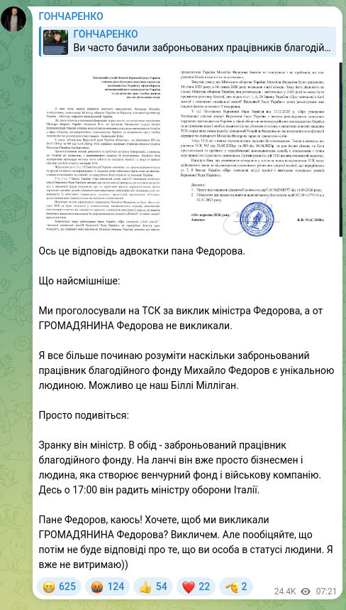 Screenshot of a Telegram post: Fedorov Mykhailo Albertovych — Ось це відповідь адвокатки пана Федорова. Що найсмішніше: Ми п…