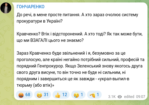 Screenshot of a Telegram post: By the way, I have a simple question. Who currently heads the prosecutor’s syst…