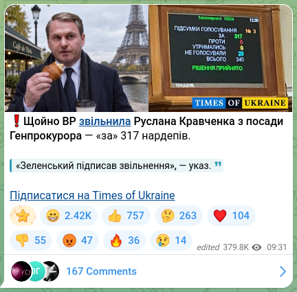 Screenshot of a Telegram post: Kravchenko Ruslan Andriyovych — ❗️Щойно ВР звільнила Руслана Кравченка з посади Генпрокурора…