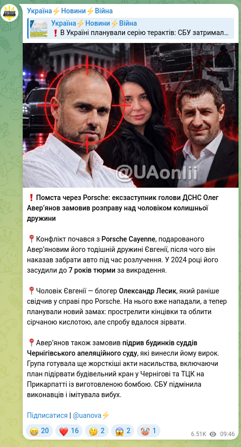 Screenshot of a Telegram post: Averianov Oleh Vyacheslavovych — ❗️Revenge over a Porsche: former Deputy Head of the State E…