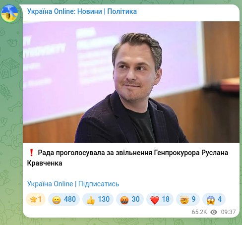 Скріншот Telegram-публікації: Кравченко Руслан Андрійович — ❗️ Рада проголосувала за звільнення Генпрокурора Руслана Кравче…