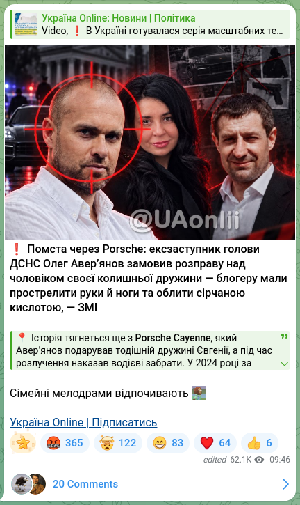 Screenshot of a Telegram post: Nikitin Dmytro Mykolayovych — ❗️Revenge over a Porsche: former deputy head of the State Emer…