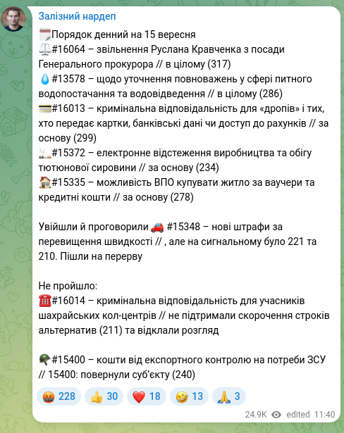 Скріншот Telegram-публікації: Кравченко Руслан Андрійович — 🗓️Порядок денний на 15 вересня ⚖️#16064 – звільнення Руслана Кра…