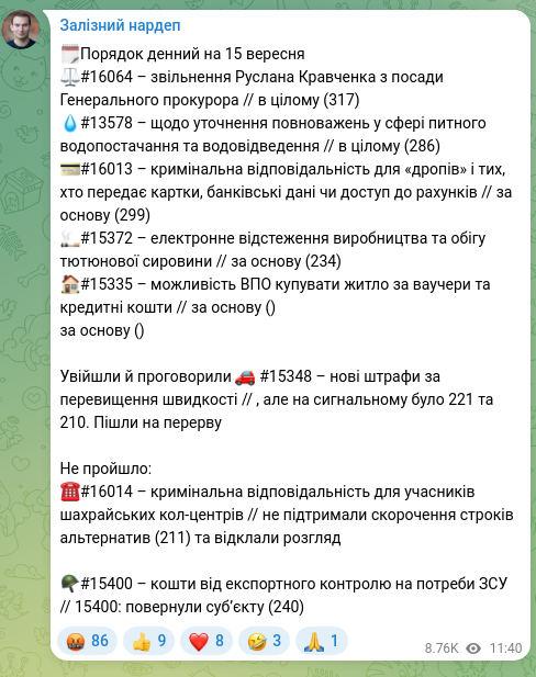 Скріншот Telegram-публікації: Кравченко Руслан Андрійович — 🗓️Порядок денний на 15 вересня ⚖️#16064 – звільнення Руслана Кра…