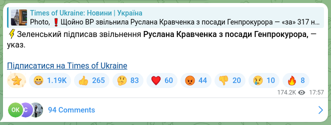 Screenshot of a Telegram post: Kravchenko Ruslan Andriyovych — ⚡️Zelensky signed the dismissal of Ruslan Kravchenko from th…