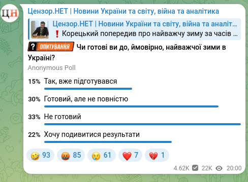 Screenshot of a Telegram post: Корецький попередив про найважчу зиму за часів незалежності України
