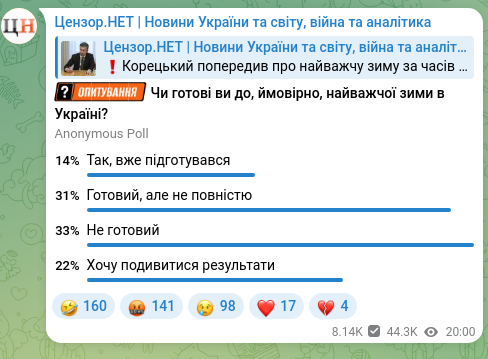 Screenshot of a Telegram post: Корецький попередив про найважчу зиму за часів незалежності України
