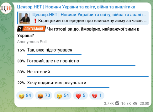Screenshot of a Telegram post: Корецький попередив про найважчу зиму за часів незалежності України