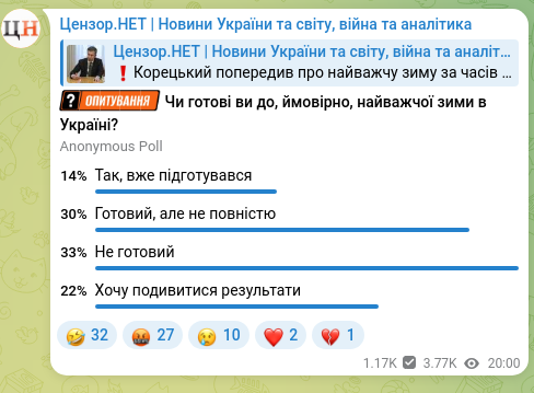 Screenshot of a Telegram post: Koretsky warned about the hardest winter since Ukraine’s independence